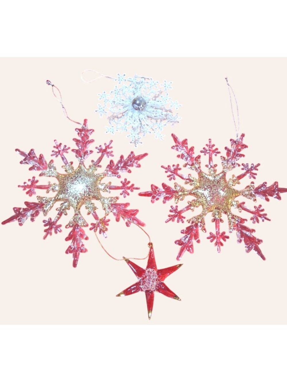 Lot Of 4 Christmas Ornaments: 3 Snowflakes & 1 Star Gold Plastic Glass 7" 4.5" &